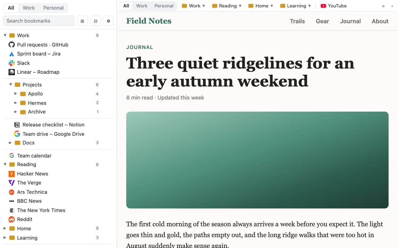 The Folder Bar sidebar showing bookmarks as a tree with search, next to a page with the bar