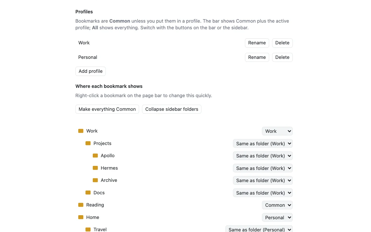 Settings listing the Work and Personal profiles and where each folder shows