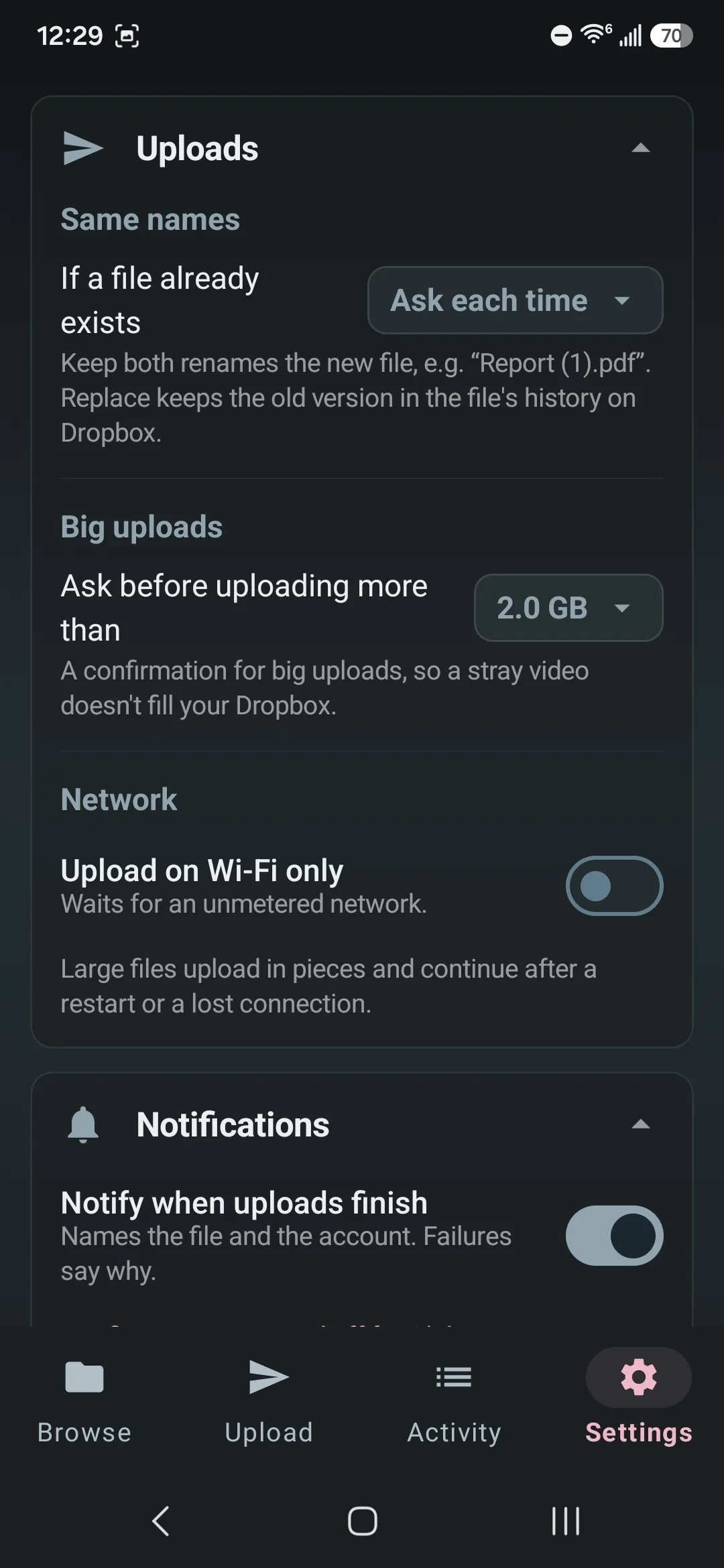 Upload settings: what to do when a file already exists, a confirmation for big uploads, Wi-Fi only and finish notifications