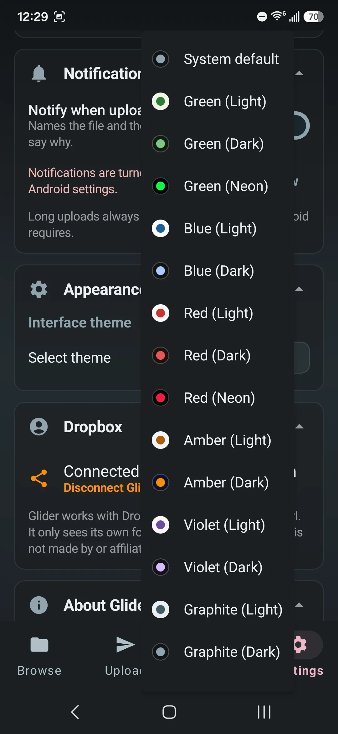 Theme picker with light, dark and neon themes in green, blue, red, amber, violet and graphite
