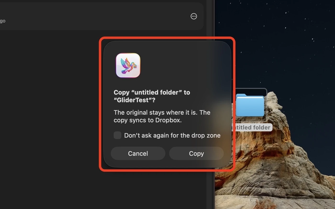 Glider Lite asking to copy a dropped folder to the GliderTest folder in Dropbox