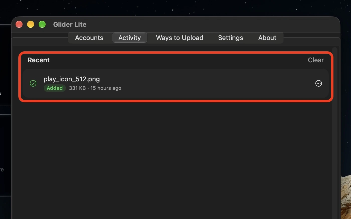 Glider Activity tab showing a recent upload with its Added status