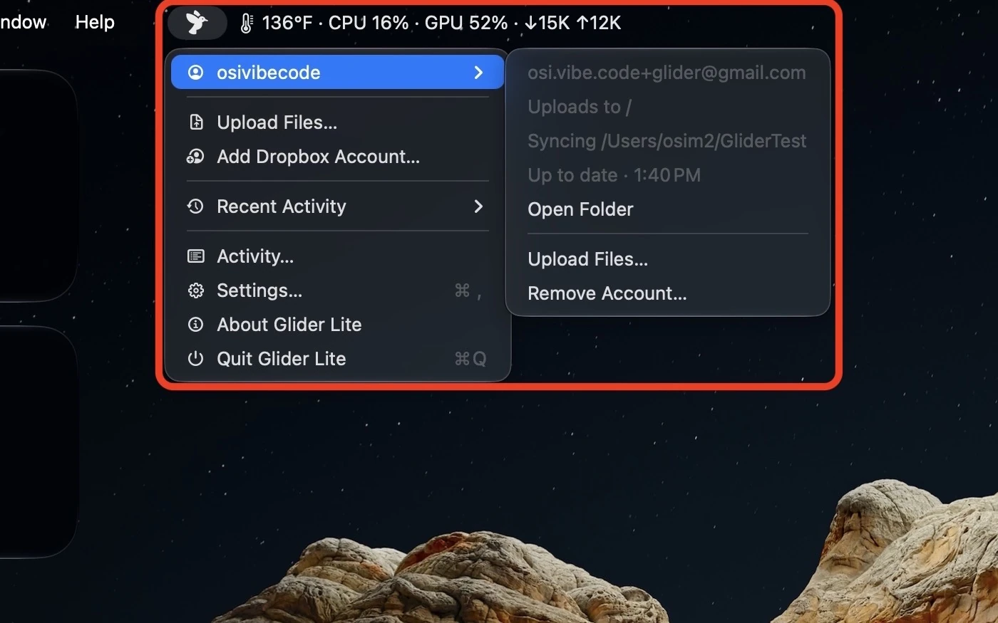 Glider menu-bar menu open, with account, upload, recent activity and settings options