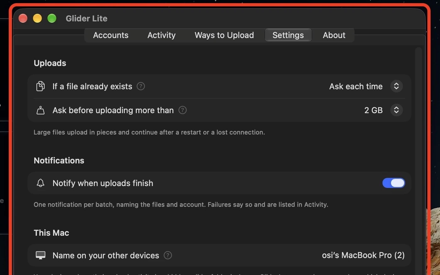 Glider Settings: upload conflicts, notifications, device name and open at login