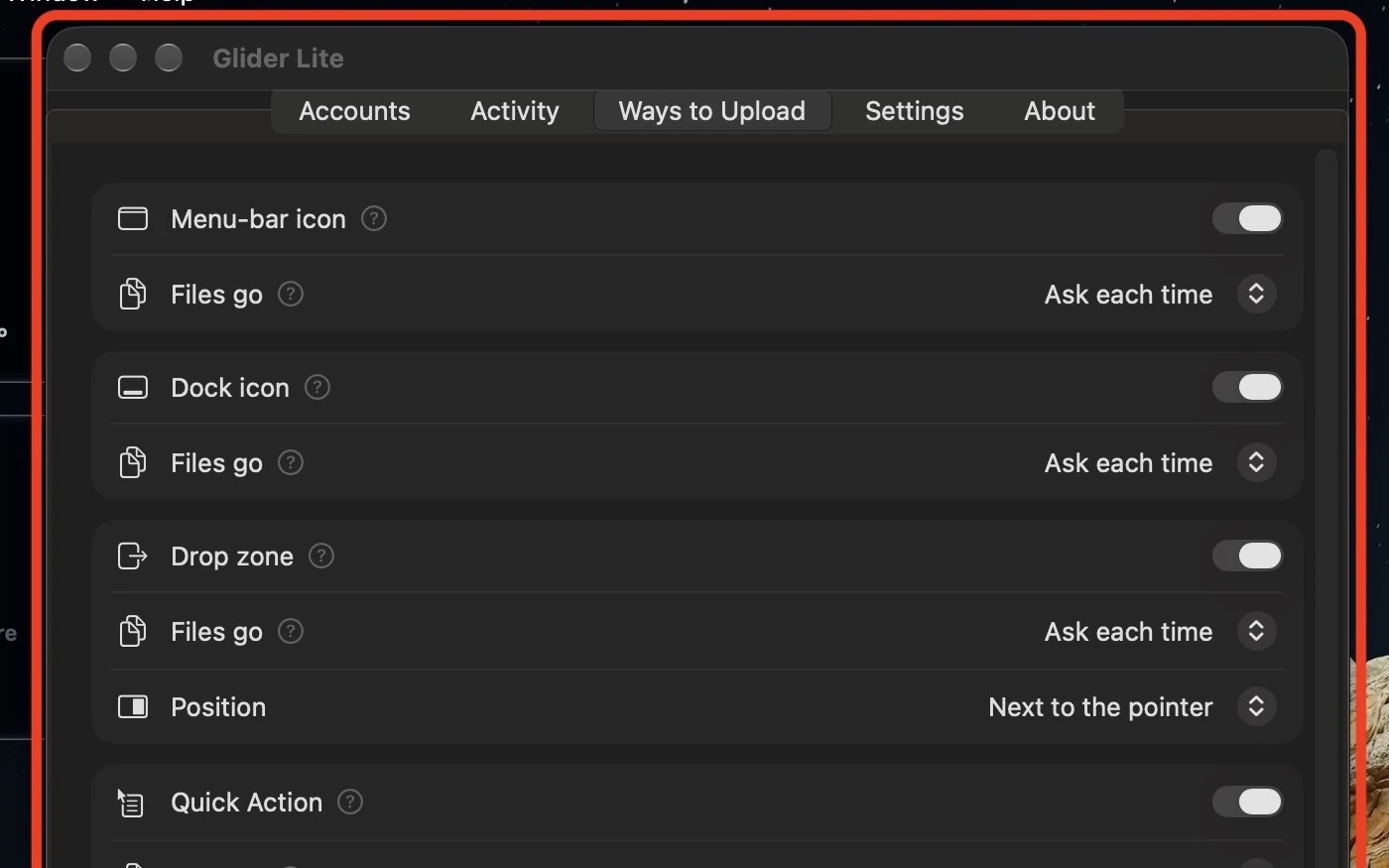 Glider Ways to Upload settings: menu-bar icon, dock icon, drop zone and quick action