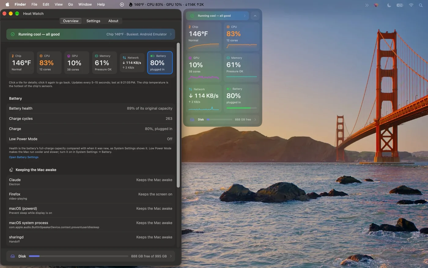 Heat Watch battery details with battery health, charge cycles and apps keeping the Mac awake