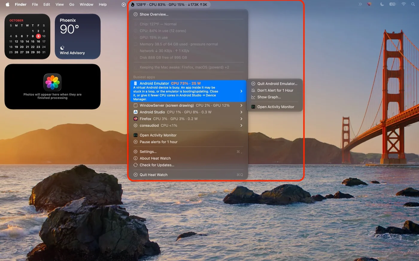 Heat Watch menu bar menu listing the busiest apps, with a submenu to quit Android Emulator or pause its alerts