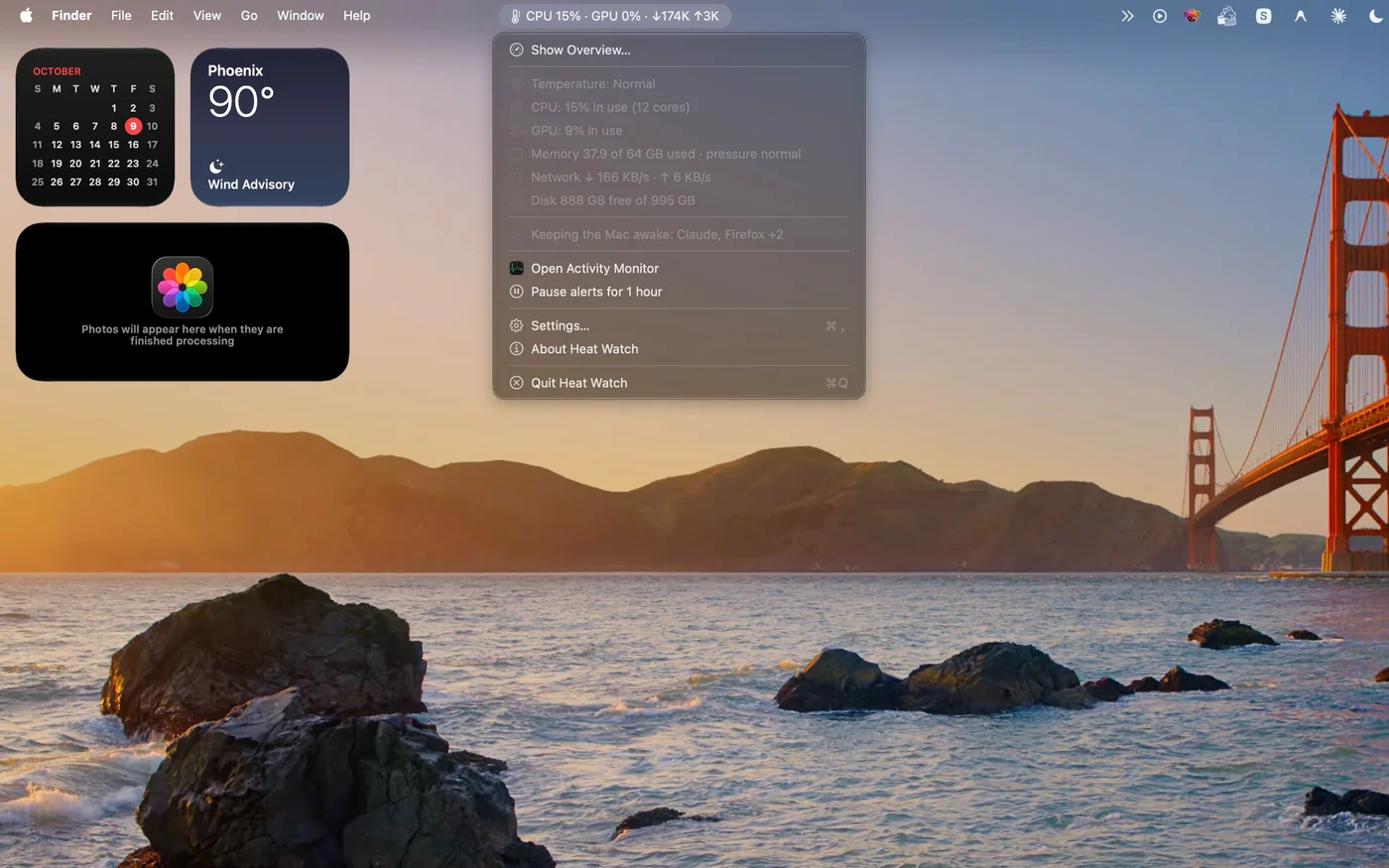 Heat Watch Lite menu bar menu with temperature, CPU, GPU, memory, network and disk readings