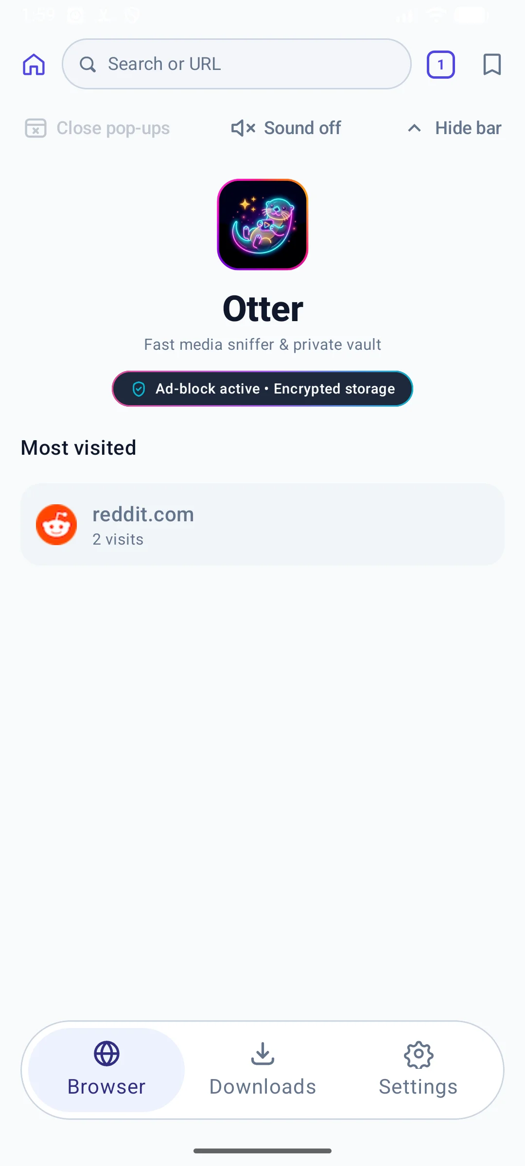 Otter home screen with the address bar, ad-block and encrypted-storage badge and most visited sites