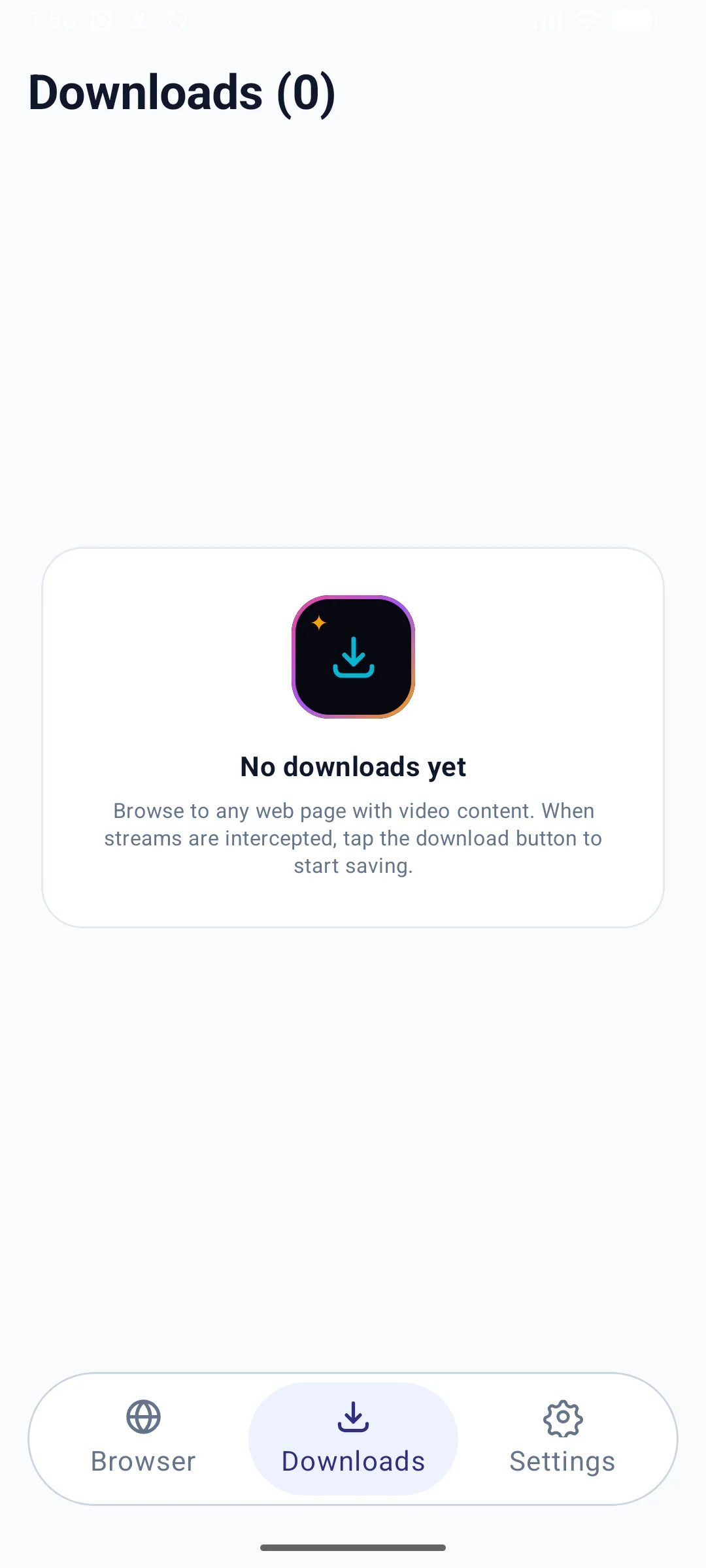 Empty Downloads tab with a hint to browse to a page with video and tap the download button