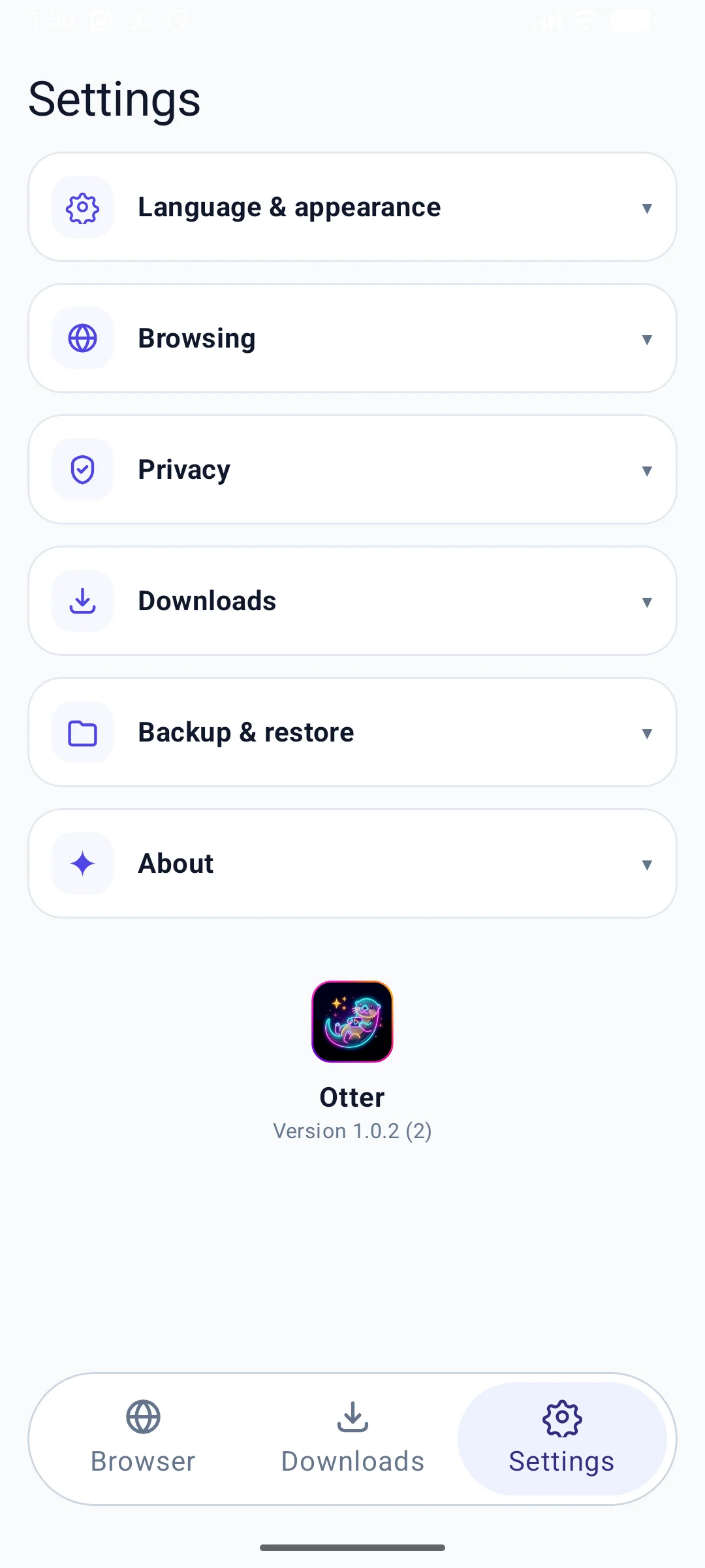 Settings with Language and appearance, Browsing, Privacy, Downloads, Backup and restore and About sections