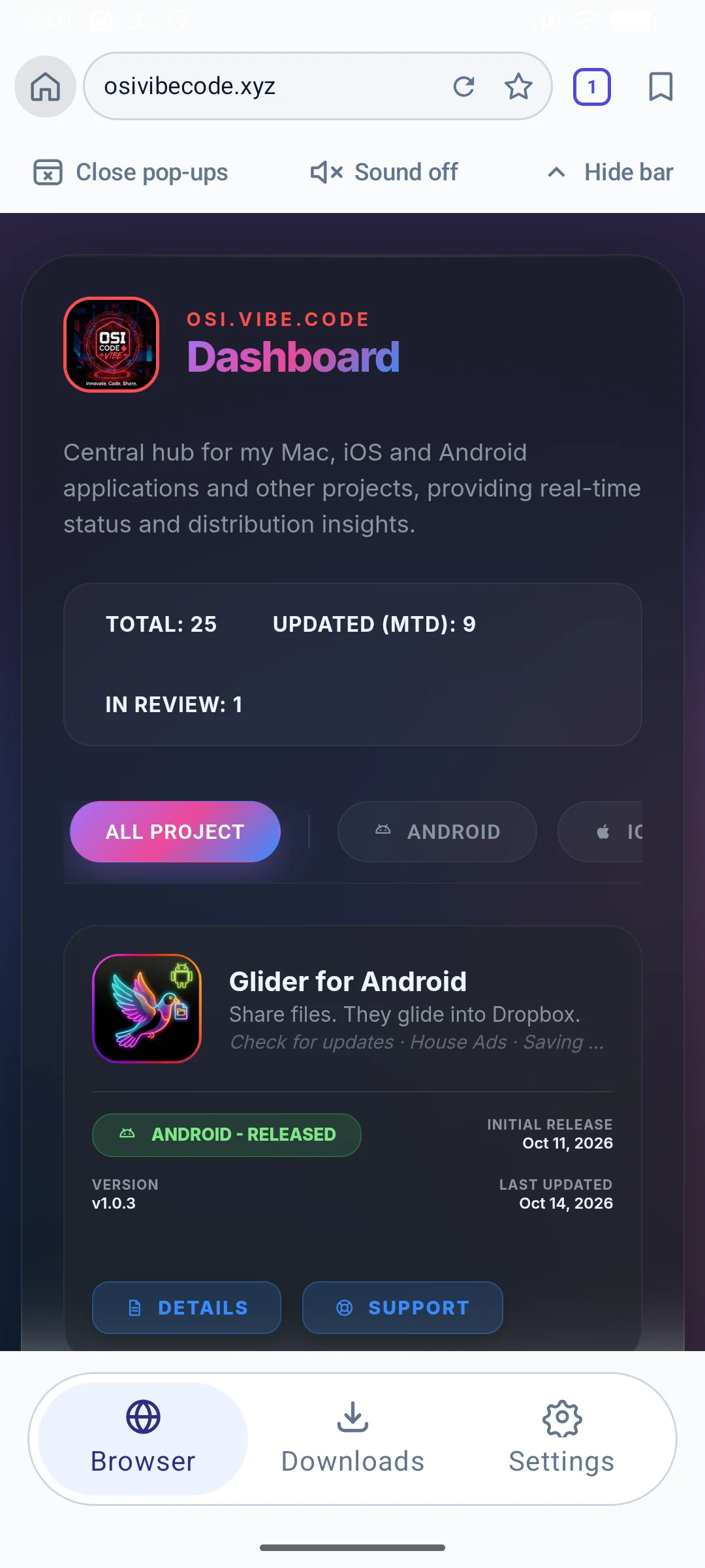 Browsing a web page in Otter with the pop-up, sound and hide-bar controls above the page