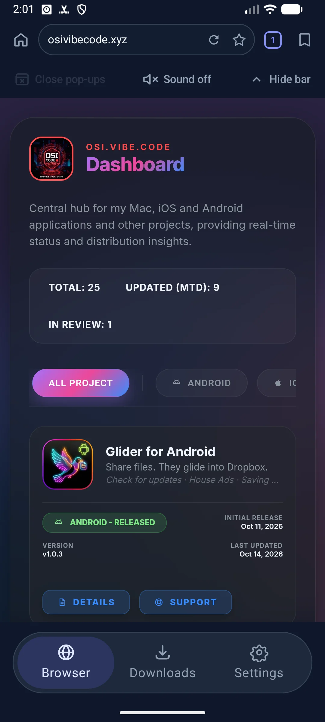 Otter home screen in the dark theme