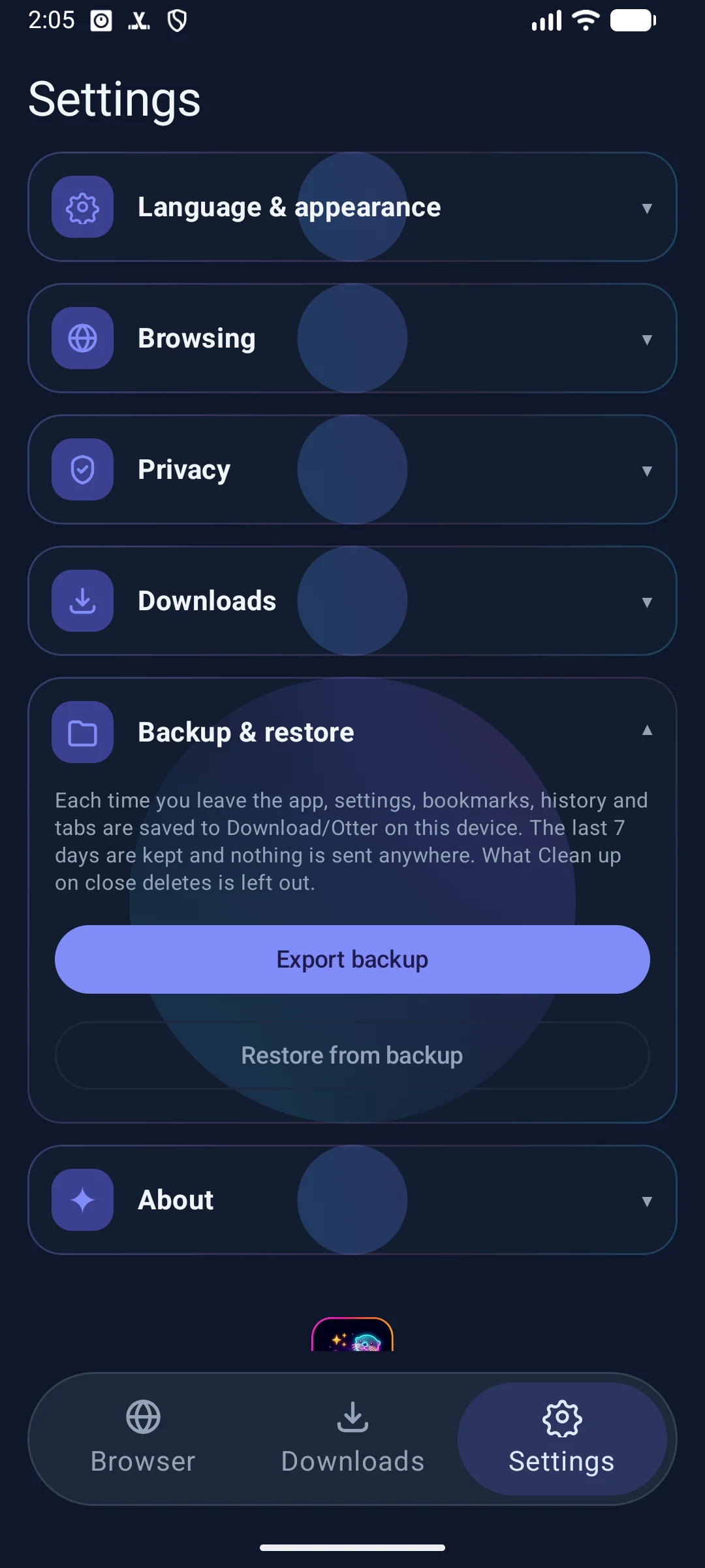 Backup and restore settings with Export backup and Restore from backup, in the dark theme