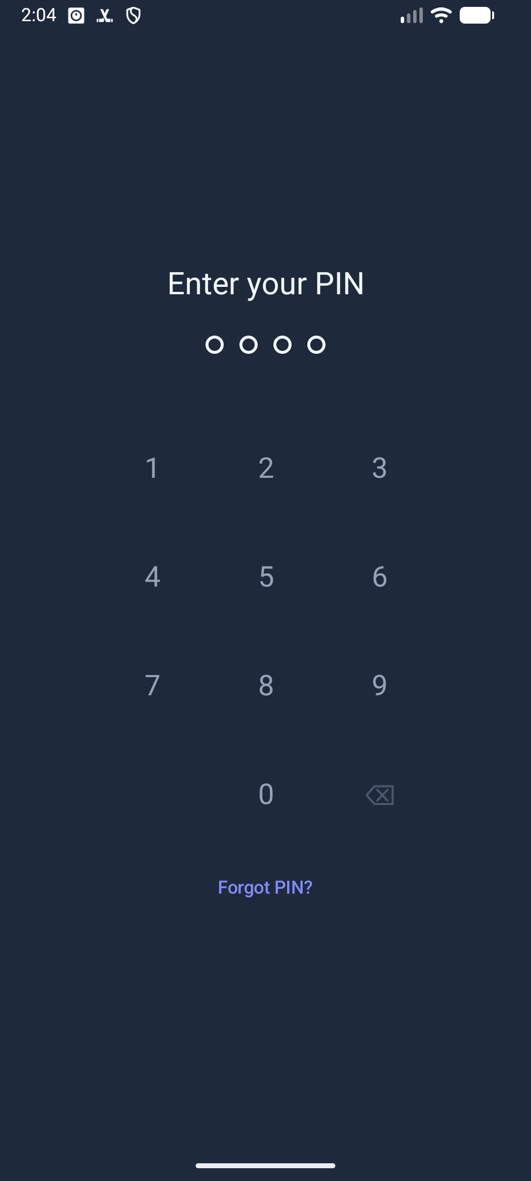 PIN lock screen with four dots and a number pad